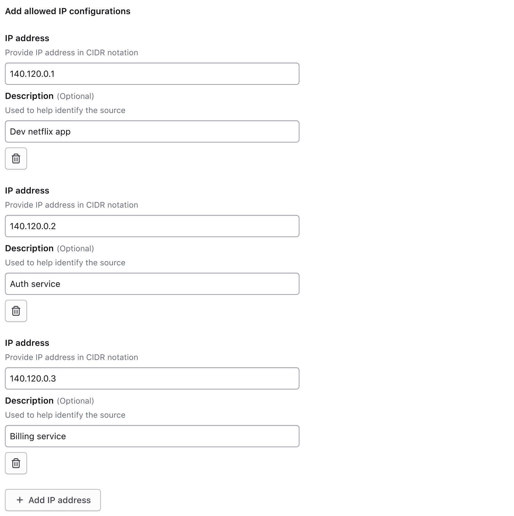 Key and value inputs stack on top of each other. The delete button is below the value input. Each input has their label and helper text visible.